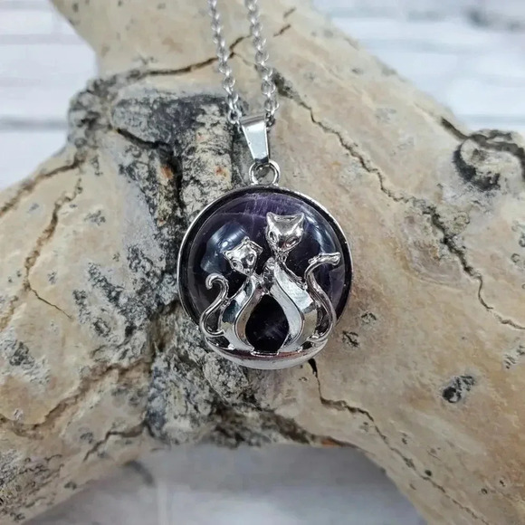 Amethyst Mother and Baby Cat Necklace with Natural Stone Center Stainless Steel - Picture 5 of 9